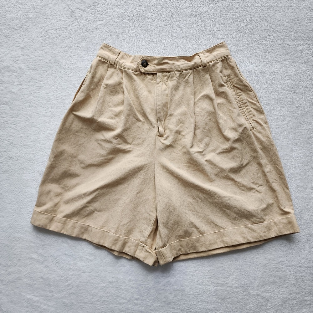 Vintage 70s Pleated‎ Shorts Womens 10 26" Waist Cream Tan High Rise Cotton Rayon
